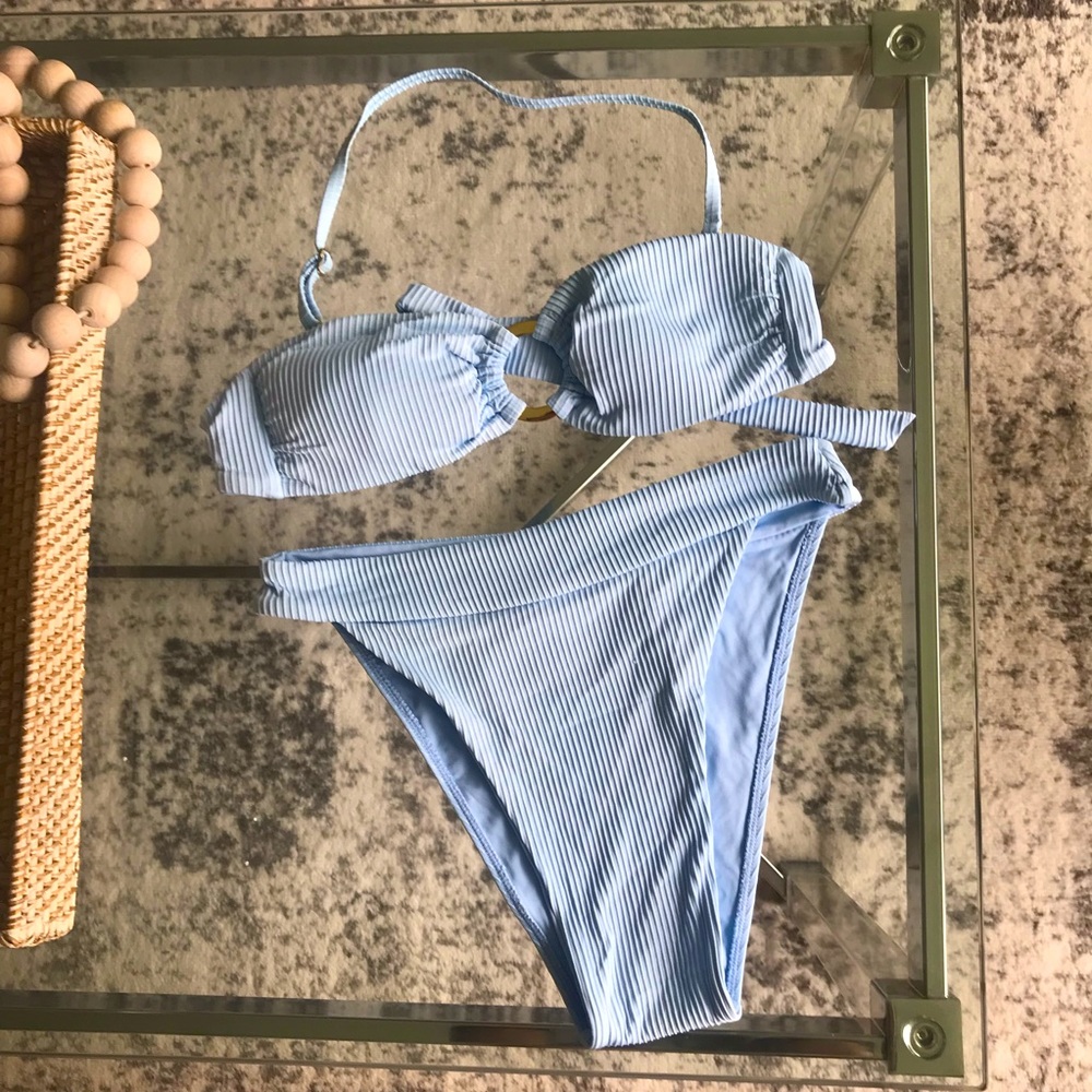 MONDAY SWIMWEAR | Ice Light Blue High Waist and Leg Ribbed Bikini with Gold Ring